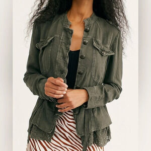 Free People Emilia Jacket Green Size Small Linen Eyelet Ruffle Button Boho Lace